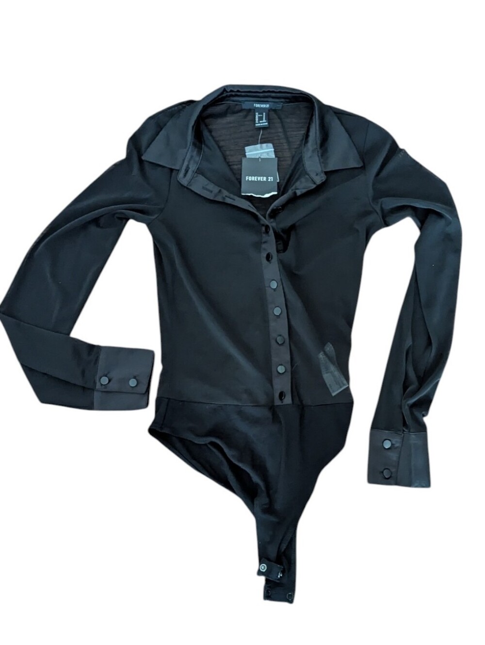 New Black Button-Front Sheer Long Sleeves Satin Collar Button Front Bodysuit M